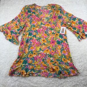 Anne Cole Sunshine Floral Tunic Women XS/S Orange Pink V-Neck Ruffle Beach NWT
